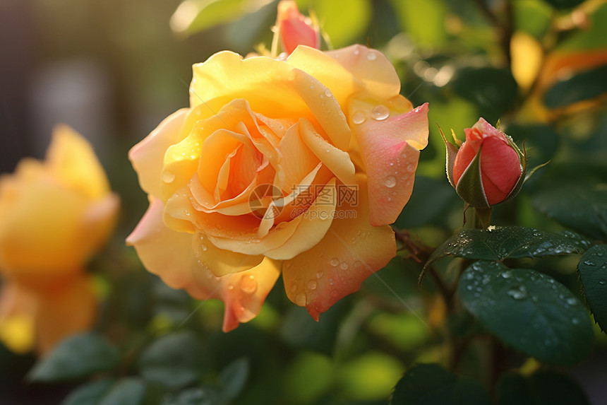 阳光下水珠点缀的黄玫瑰图片
