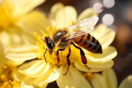 蜜蜂探索黄色花朵背景图片