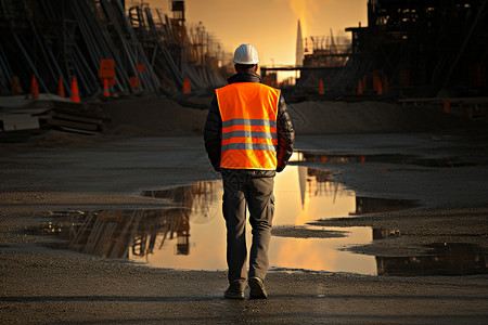 夕阳下工地上的工人背景背景图片