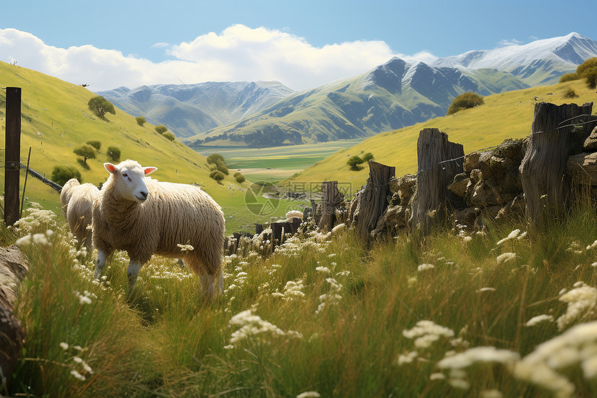 草原与山脉背景下的羊图片