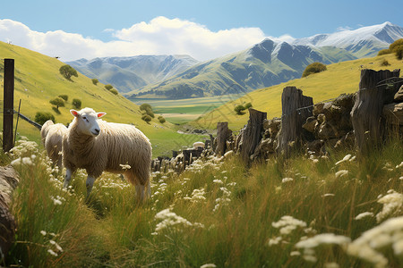 草原羔羊草原与山脉背景下的羊背景