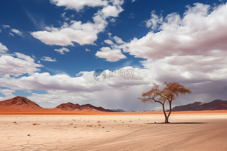 孤零零的一棵树置身于沙漠景观中图片