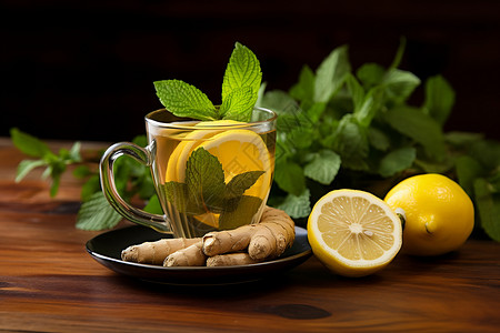 桌面上美味的柠檬薄荷茶背景图片