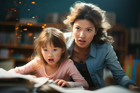 生气的女人看孩子写作业背景图片