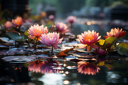 水面上漂浮的漂亮睡莲背景图片