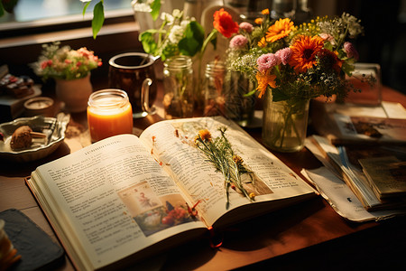 花朵旁的教育书籍背景图片