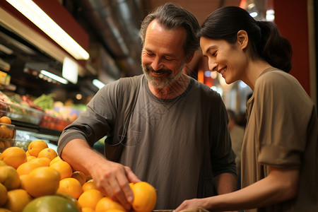 在超市里买水果的中年夫妻背景图片