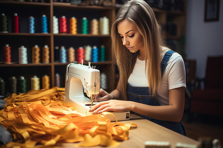 女子使用缝纫机制作服装背景图片