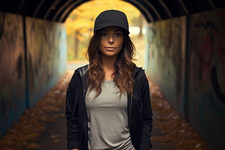 涂鸦隧道里的棒球帽女孩背景图片