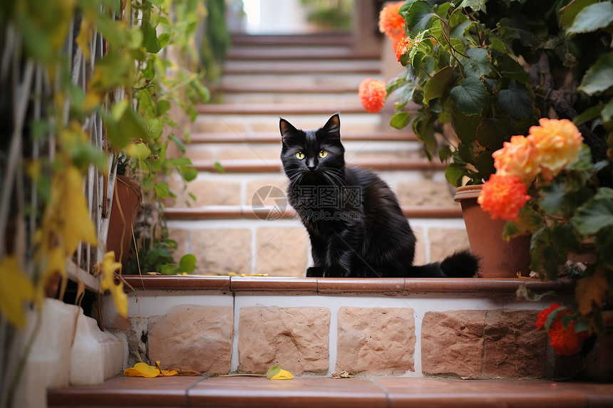 黑色猫咪在楼梯上图片