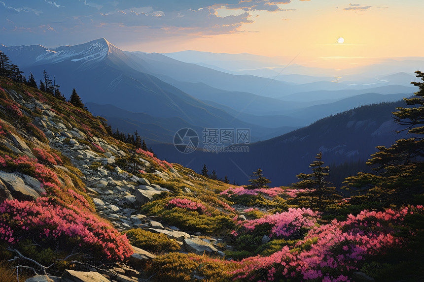 夕阳下开满花的山丘图片