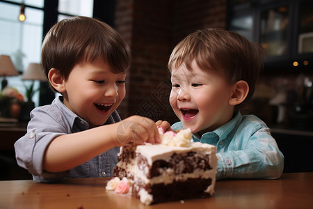 快乐的兄弟吃蛋糕背景图片