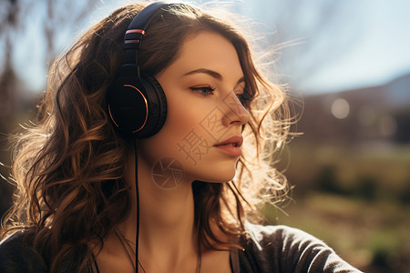 音乐时光戴耳机听音乐的外国女子背景
