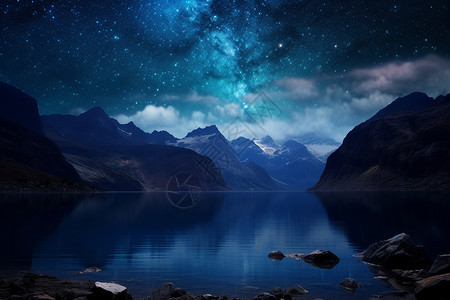 星夜湖畔的壮观景象背景图片