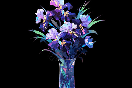 玻璃花瓶里的蓝紫鸢尾花束插画