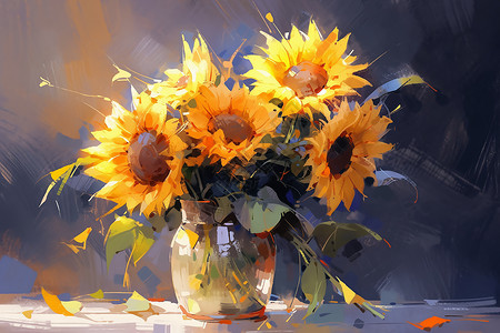 油画花瓶一束向日葵放在花瓶中插画