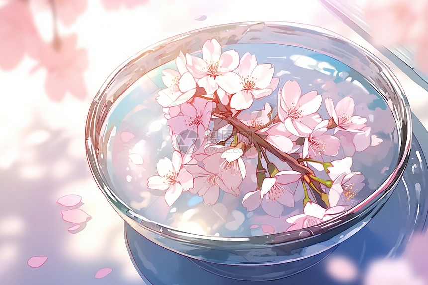 碗中飘落的樱花图片