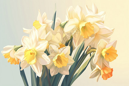 美丽水仙花淡黄与纯白的水仙花插画
