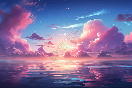 缥缈夕阳中的海洋景观背景图片