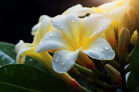 雨一直下清晨阳光下的花朵背景