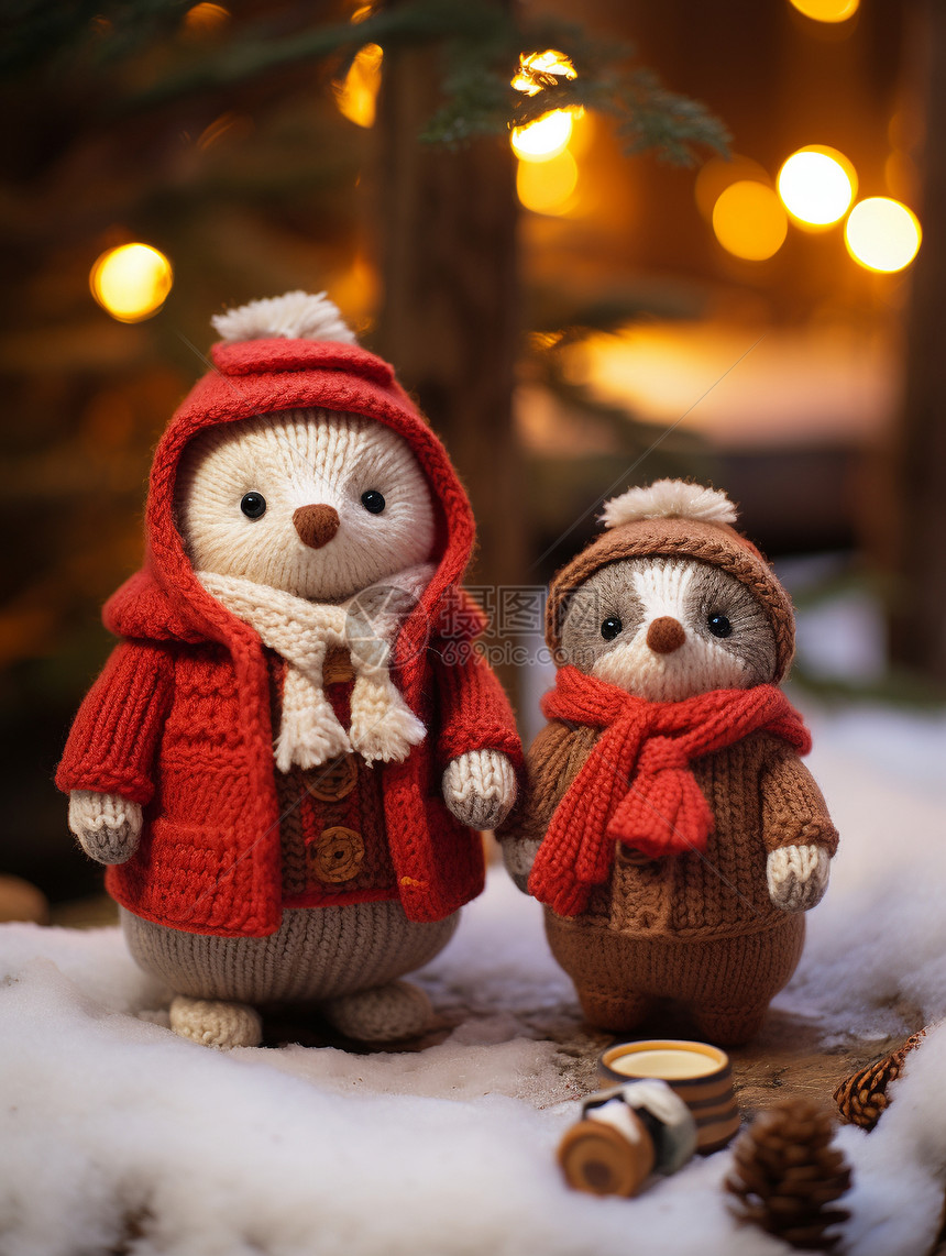 雪景中的编织小老鼠玩具图片
