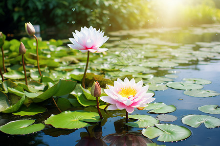 太阳穿过树林照耀在水面上背景图片