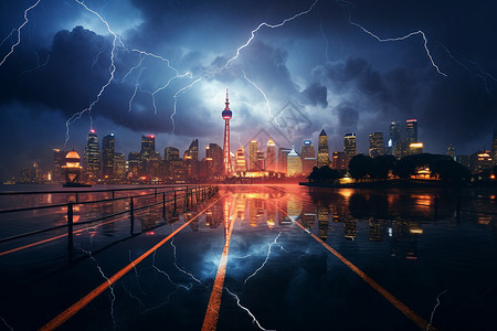 暴雨雷电夜幕下的闪电都市设计图片