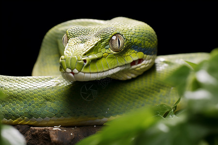 在树桩上的绿色蟒蛇背景图片