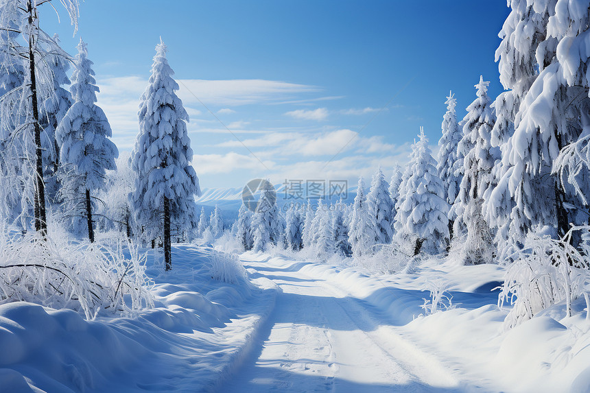 森林里的雪地道路图片