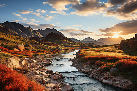 冰川地貌夕阳山峦清溪背景