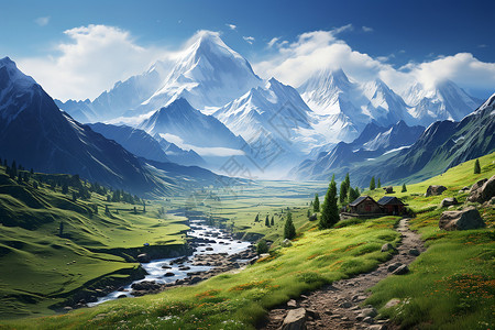雪山与草原背景图片