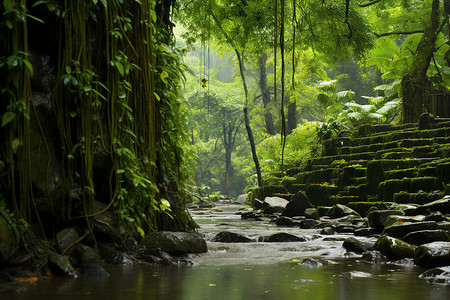 雨林之晨丛林溪水高清图片
