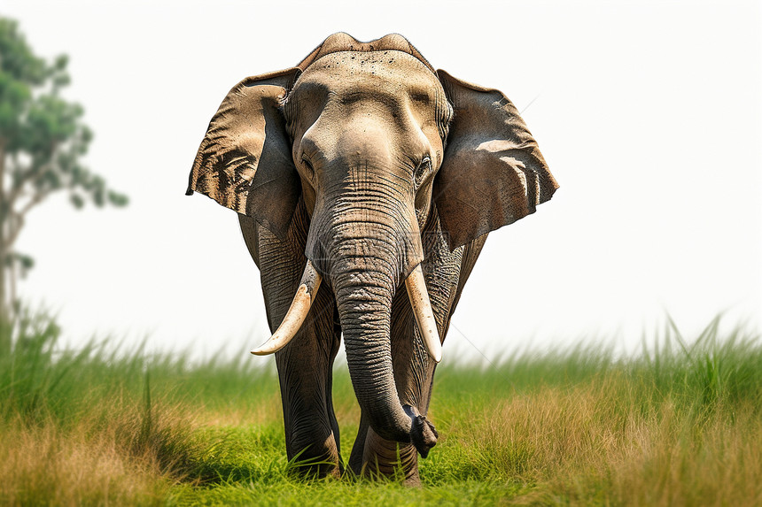 一只大象在阳光的草地上图片