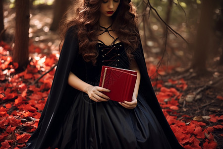 森林里穿着黑色斗篷的女孩背景图片