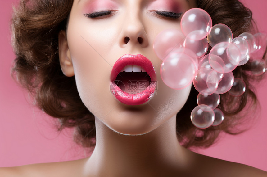 美女嘴边的粉色泡泡图片