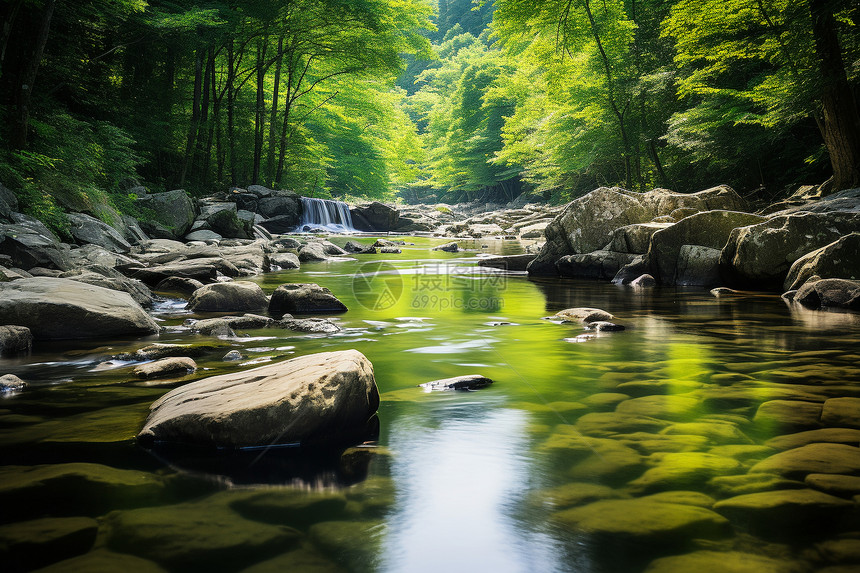 公园的一条溪流穿过岩石和树木图片