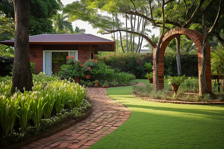 家中花园的砖石小径背景图片