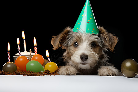 可爱的小狗戴着生日帽子高清图片