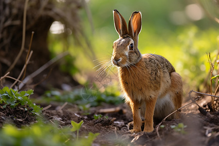 野兔在草甸野兔在灌木丛旁吃东西背景