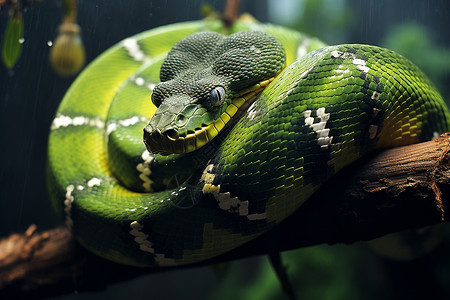 树枝上盘曲的绿色蟒蛇背景图片
