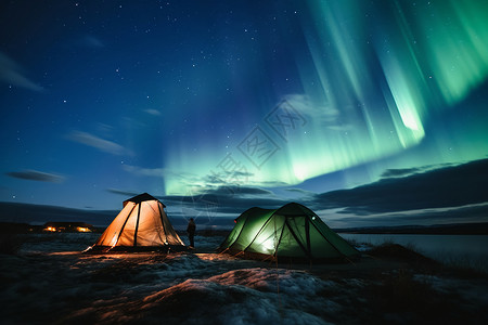 极光下的露营帐篷高清图片