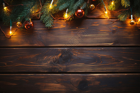 木质背景上的传统圣诞节装饰灯背景图片