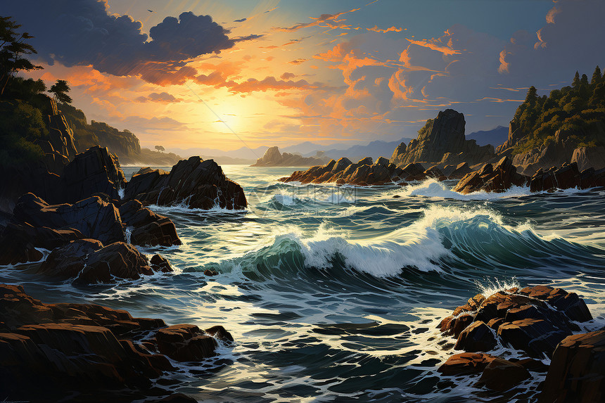 日落时岩石海岸的油画插图图片