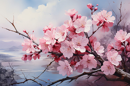 樱花飘舞的油画插图背景图片