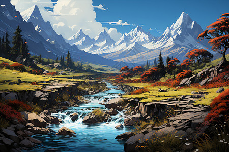 清泉山涧的艺术插图背景图片
