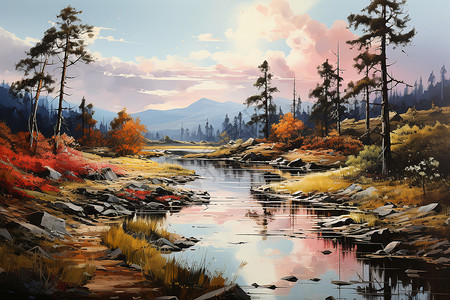 秋色宁静的山谷湖泊景观背景图片
