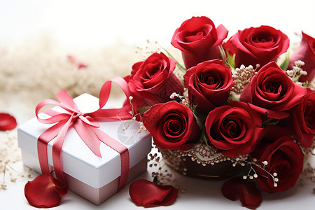 浪漫花束与红丝带盒子背景图片