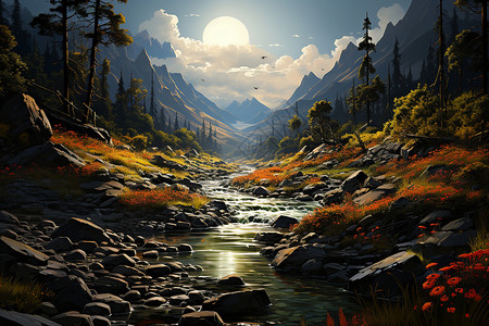秋季山谷溪流的油画插图背景图片