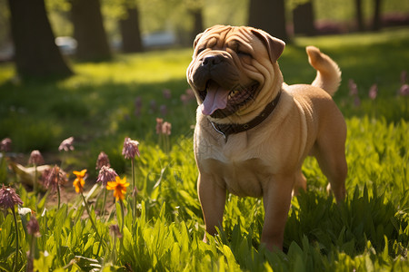 草丛中伸着舌头的小狗高清图片