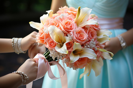 优雅新娘手中漂亮的花束背景图片